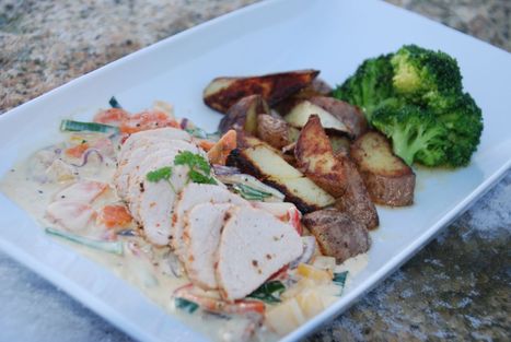 Pork fillet with vegetables, fried potatoes and creamy sauce